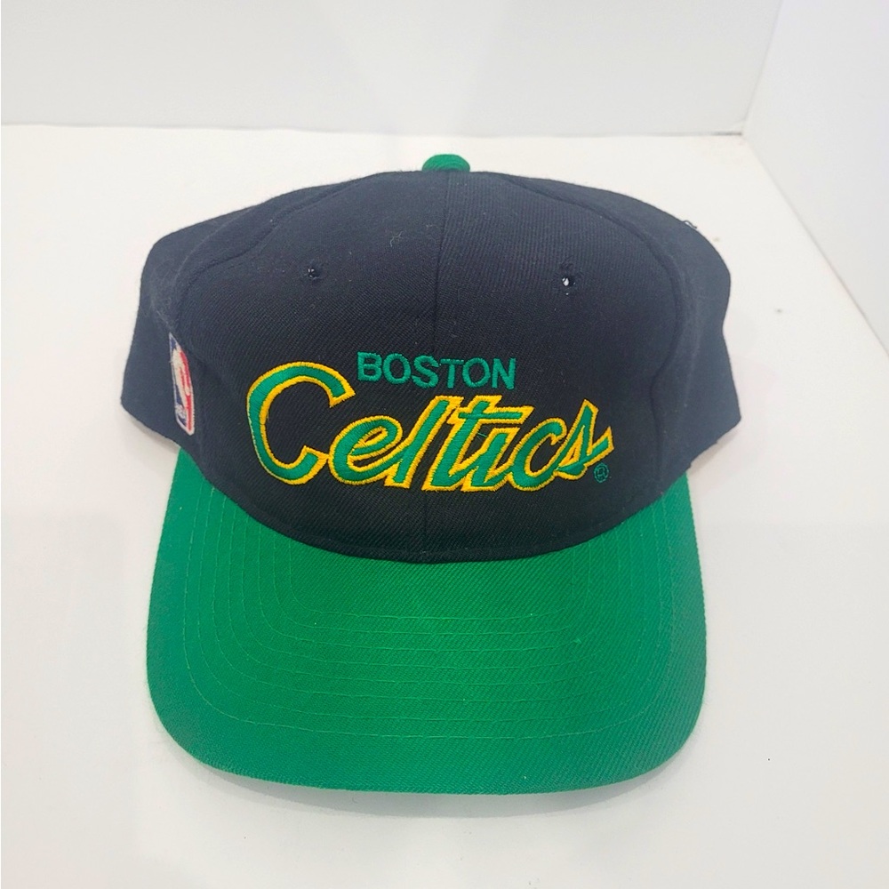 Vintage Boston Celtics Sports Specialities Snap Back Hat NBA Black Script